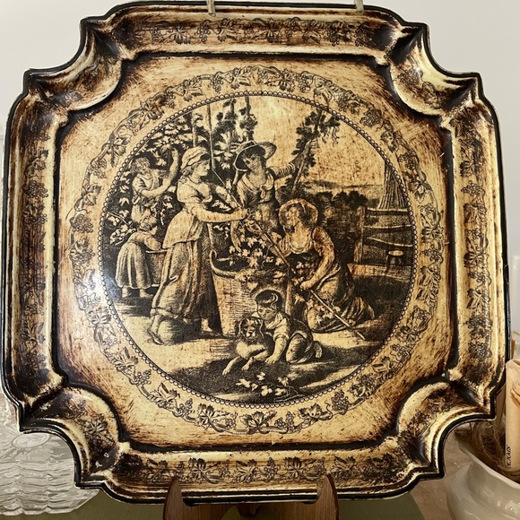 Antique Prints Of Wine Drinking And Culture/ Square Decoration Plate - Picture 6 of 8